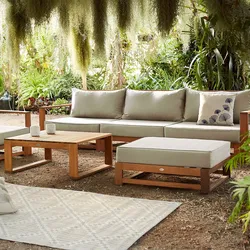 Gartengarnitur aus Holz 5 Sitze - Mendoza - beigefarbene Kissen, Sofa, Sessel und Couchtisch aus Akazie, 6 zusammenstellbare Teile, Design
