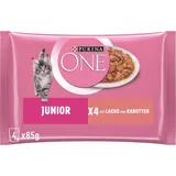 PURINA ONE Junior Katzenfutter nass, mit Lachs und Karotten, 12er Pack (12 x 4 Beutel à 85g)