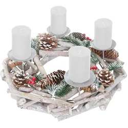 Mendler Adventskranz rund, Weihnachtsdeko Tischkranz, Holz Ø 35cm weiß-grau ~ mit Kerzen, weiß