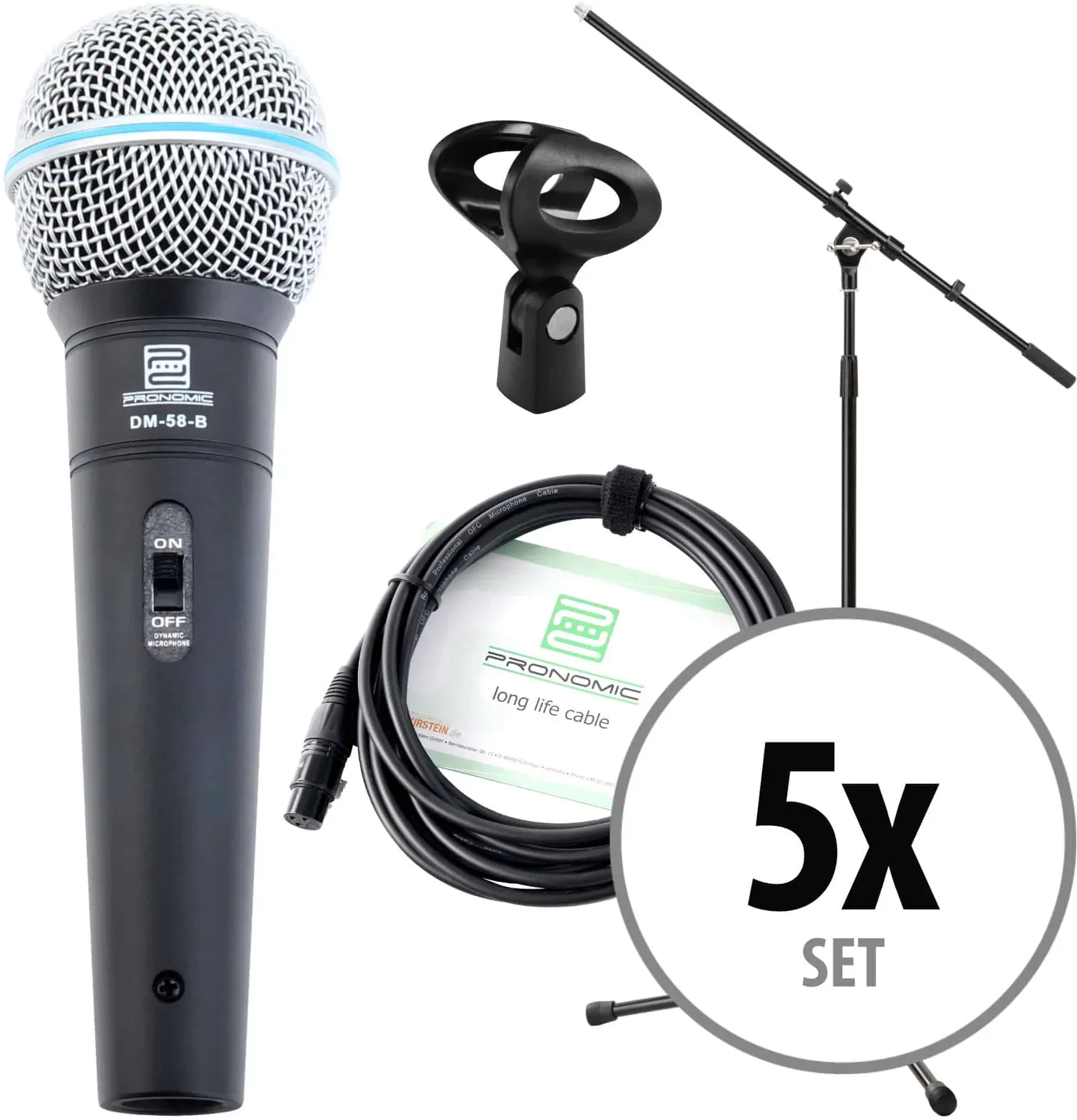 Pronomic DM-58-B Vocal Mikrofon Starter Set 5x Mikro, XLR Kabel, Klemme, Stativ