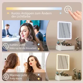 Homcom Schminkspiegel mit Beleuchtung 22x13,8 cm wiederaufladbar 180°Drehbar LED Kosmetikspiegel mit Aufbewahrungsbox, 2 Beleuchtungsmodi Touchschalter, dimmbar, abnehmbar, Weiß