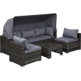 Outsunny Rattan Lounge Set, Sitzgruppe mit Sonnendach, Garten Loungegruppe, inkl. Kissen und Beistelltisch, Metall, Grau, 215 x 75 x 64 cm Aosom