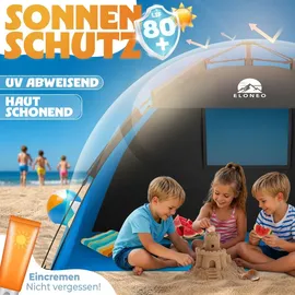 eloneo Pop Up Strandmuschel UV Schutz 80+, Leichter Aufbau und kleines Packmaß inkl. Tragetasche, Sonnenschutz & Windschutz für Babys und Erwachsene, Blau , 220x150x130 cm