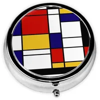 Pillendose, künstlerischer Mondrian-Stil, Farbkomposition, rot, rund, Pillenetui, Medikamenten-Organizer, Reise-Pillendose, Reise-Pillen-Organizer
