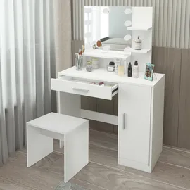 ML-Design Schminktisch Weiß mit Hocker, LED-Beleuchtung, Spiegel, Schublade, 3 Fächer, 90x38x137 cm, Kosmetiktisch aus MDF-Holz, Frisierkommode