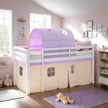 Homestyle4u Hochbett 90 x 200 cm Kiefer massiv weiß lila