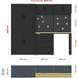 feistos Werkstattschrank Stahl 223x46x190 cm Schwarz abschließbar