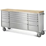 Ondis24 Edelstahl-Werkstattwagen Werkzeugwagen mit 10 Leichtlaufschubladen & XL-Massivholzarbeitsplatte, Lenkrollen, unbestückt (Grau, 198 x 49 x 95 cm (15 Schubladen))