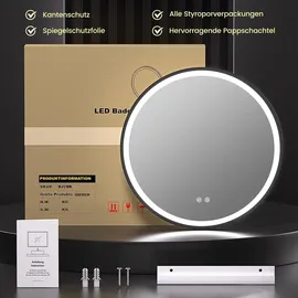 gimbelen Runder Spiegel mit Beleuchtung, 50 cm, Badspiegel mit Beleuchtung, mit Touch-Schalter und Sicherheitsglas, 3 Lichtfarben Einstellbar, 3000... / Schwarz