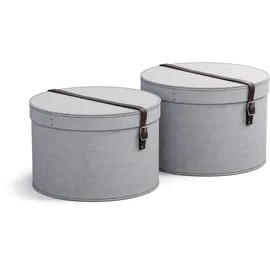 Bigso Box of Sweden BIGSO RUT 2er-Set Aufbewahrungsbox mit Deckel – runde Ordnungsbox mit Lederriemen – große und kleine Hutschachtel aus Faserplatte und Papier in Leinenoptik – hellgrau