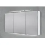 Intarbad Badezimmerspiegelschrank 3-türiger Spiegelschrank mit schmaler MULTI LED Aufsatzleuchte dimmbar (Doppelspiegeltüren, Holz-/ Lackdekore, Maße von 120 bis 140 cm wählbar, Höhe 70 cm, Glasfachböden, Magnetleiste & Kosmetikspiegel Ø 12 cm) Vormontierte Lieferung, Floatglas, 160 kg Traglast, Made in Germany beige 130 cm x 70 cm x 13,5 cm
