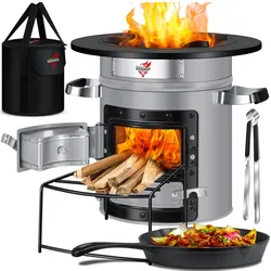 KESSER® Raketenofen Inkl. Grillpfanne aus Gusseisen mit Tragetasche, Dutch Oven BBQ Rakete Holzofen Camping Campingkocher Campinggrill, Edelstahl