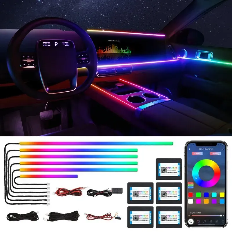 HOCO LED-Lichtband für den Fahrzeuginnenraum aus Acryl mit kabelloser App-Steuerung, 14-in-1 mit 175 Zoll und 593 LEDs, Neon-LED-Lichtband, RGB-Farben, dynamische Musik-Synchronisation, Auto-Umgebungsbeleuchtungssets