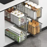 Unyqoos® Set mit 4 ausziehbaren Aufbewahrungskörben für Schrank & Küche – Kohlenstoffstahl, leise Laufschienen, abnehmbar, selbstklebend - Silber
