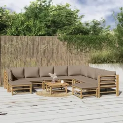 vidaXL Gartenlounge-Set 11-tlg. mit Kissen in Taupe, Bambus-Optik