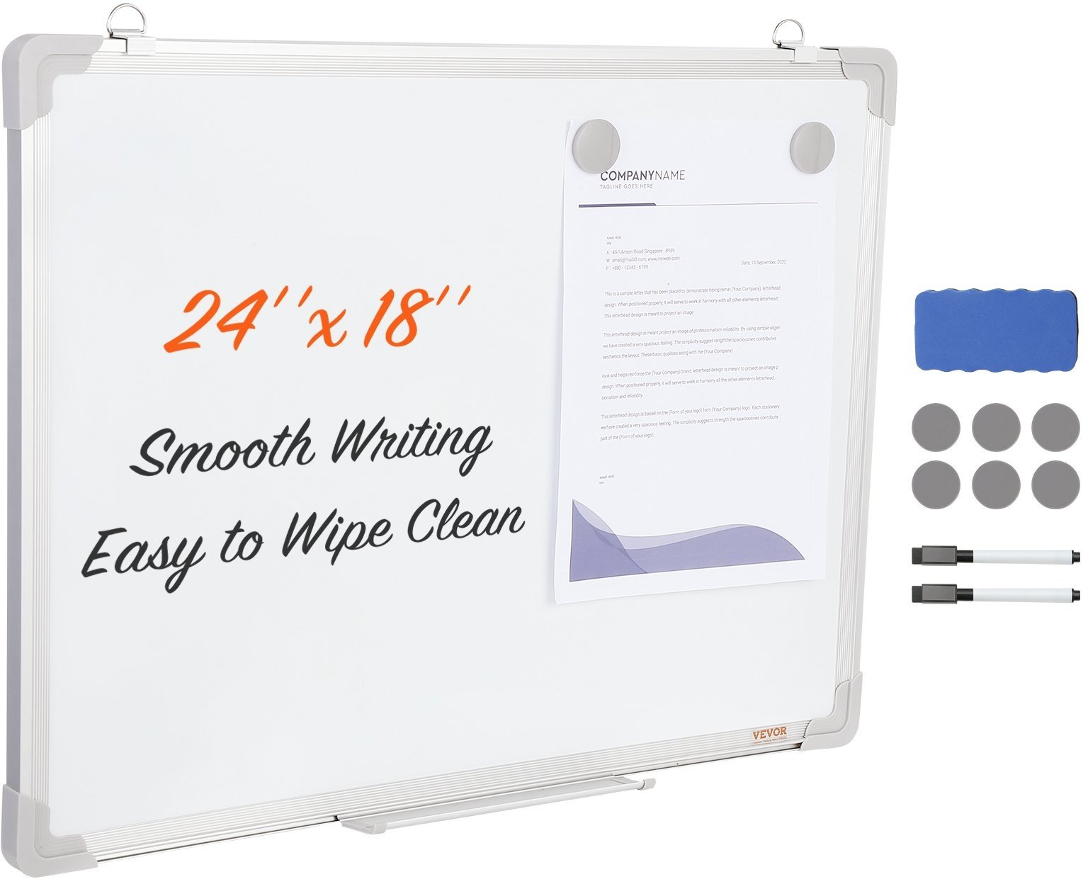 VEVOR Whiteboard Magnettafel mit Stiftablage 457 x 610 mm, Whiteboard inkl. 2 Whiteboard-Stifte +6 Magnete + 1 Magnetische Löscher, White Board Trocken Abwischbares Memoboard, für Büro, Schule usw.