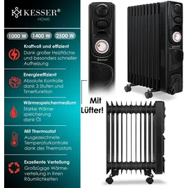 Kesser KESSER® Ölradiator - Elektrische Heizung 2500W Öl Radiator Elektroheizung Mobil Timer Lüfter Abschaltautomatik stufenlose Temperaturregelung Überhitzungsschutz