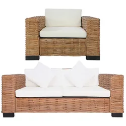 vidaXL 2-tlg. Sofagarnitur mit Auflagen Natur Rattan
