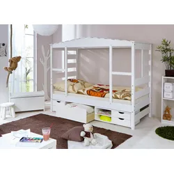 Kinderbett TICAA "Lio", weiß (kiefer massiv weiß gewachst), B:96,6cm, Betten, Hausbett, inkl. Schubkasten und Rollrost