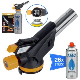 Z.M.C Gasbrenner 1,3kW + 28x Gaskartuschen 227g, Flambierbrenner bis zu 1300°C, Bunsenbrenner Lötbrenner mit Piezozündung, Küchenbrenner mit einstellbare Flamme, Temperatur von 1300°C