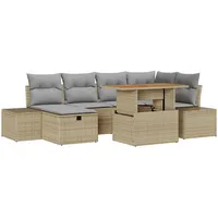 VidaXL Garten-Sofa-Set 7-tlg. Garten-Essgruppe mit Kissen Beige Poly Rattan