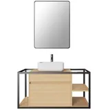 ZIK Badezimmerschrank mit Waschbecken aus Keramik und Spiegel, 2 Schubladen, 3 Ablagen, 100 x 50 x 50 cm, Hängeschrank im Industrial-Design