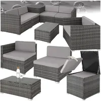 tectake Polyrattan Sitzgruppe mit Aufbewahrungsbox für Polster, Tisch mit Glasplatte, frei zu gruppierendes Gartenmöbel Set, Rattan Lounge für den Garten – Balkonmöbel, Balkonmöbel Kleiner Balkon