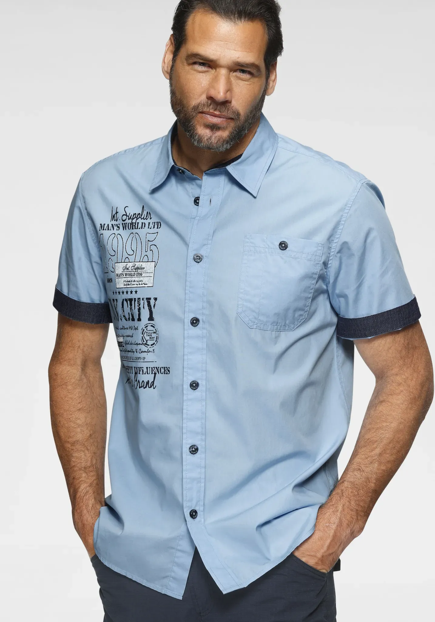 Kurzarmhemd MAN'S WORLD, Herren, Gr. 4XL (49/50), N-Gr, blau (hellblau), Obermaterial: 100% Baumwolle, bedruckt, unifarben, bequem, abgestepptes Bündchen, Hemden, mit Print