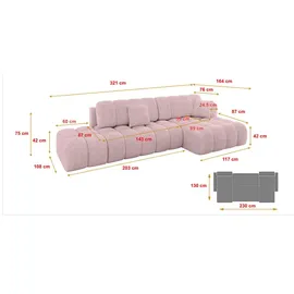 altdecor Ecksofa Cord mit Schlaffunktion 3-Sitzer Rosa