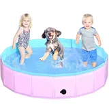 CACSPS Faltbarer Hundepool, 140 x 30 cm Kinderpool aus Hartplastik, rutschfeste Hundebadewanne für den Außenbereich, zusammenklappbarer Hundeschwimmpool für Kinder, Hunde und Haustiere (Rosa)