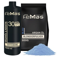FeMmas Blondier-Set 9% I Blaues Blondierpulver 500g & Oxycreme Entwickler 1000 ml I Perfektes Starterset für die Aufhellung zuhause I Für eine Blondierung um bis zu 9 Tonstufen in Salon-Qualität