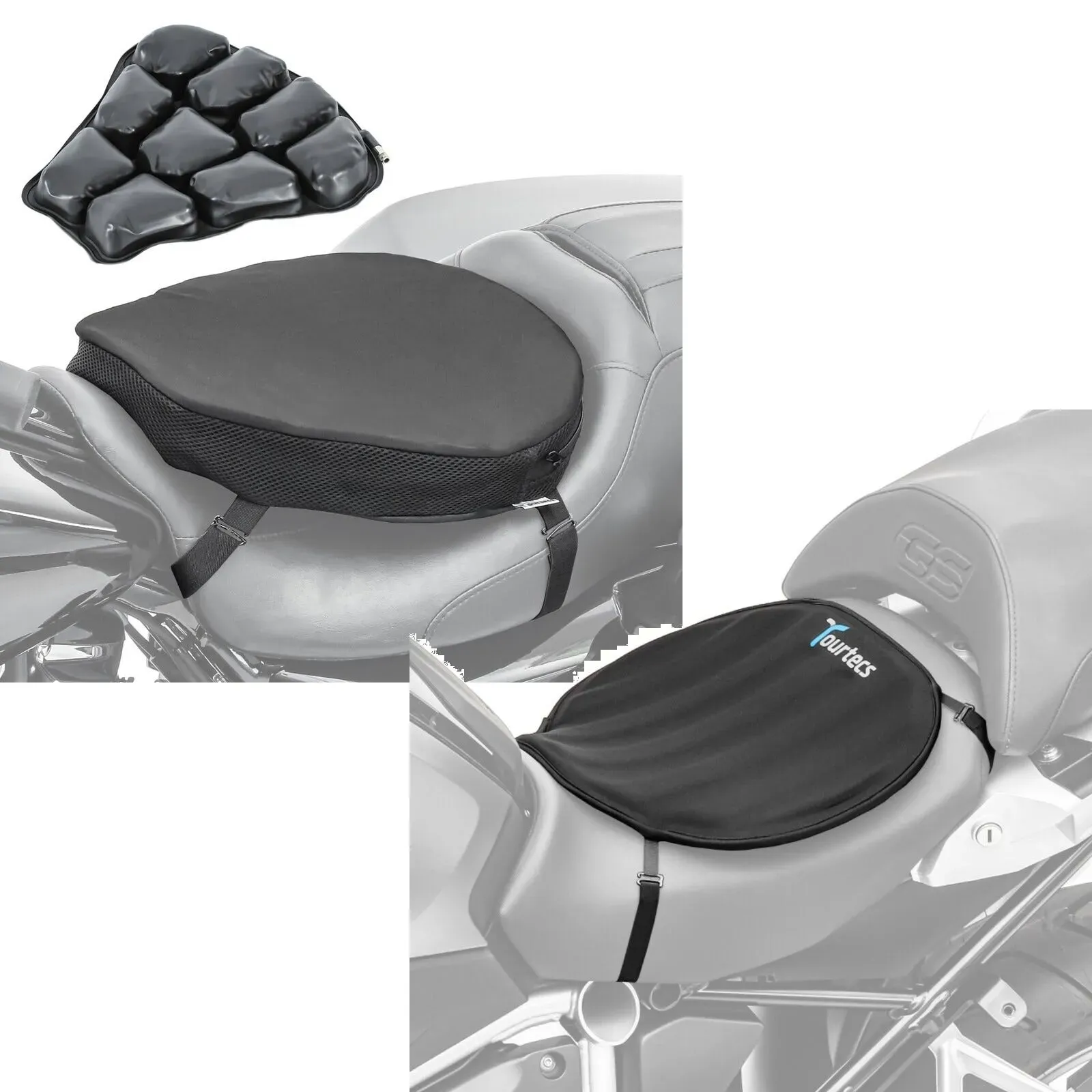 Set: Motorrad Luftkissen Tourtecs Air ML Komfort Sitzkissen in schwarz + Motorrad Gel Sitzkissen Tourtecs Neopren L Gelkissen Sitzauflage in schwarz