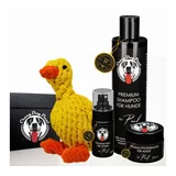 CrazyDogPaul Fellpflege Geschenk für Hunde - Fellpflege Geschenkbox mit Hundespielzeug-Ente, (1 x Hundeshampoo, 1 x Fellpflegespray, 1 x Pfotenbalsam, 1 x Spielzeug, 4-St)