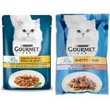 PURINA Gourmet Perle Genuss in Gelee Katzenfutter nass mit Huhn & feiner Brathuhnnote 26er Pack (26 x 85g) & PURINA Gourmet Perle Duetto Katzenfutter nass, mit Kalb und Ente, 26er Pack (26 x 85g)