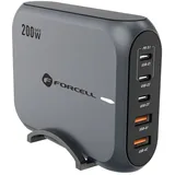 forcell GaN III VT-51 Desktop Ladegerät 3 x Typ C + 2 x USB A PD QC4.0 SFC2.0 5A 200W Grau | Gr.: onesize