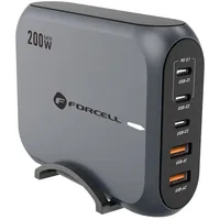 forcell GaN III VT-51 Desktop Ladegerät 3 x Typ C + 2 x USB A PD QC4.0 SFC2.0 5A 200W Grau | Gr.: onesize