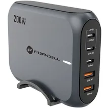 forcell GaN III VT-51 Desktop Ladegerät 3 x Typ C + 2 x USB A PD QC4.0 SFC2.0 5A 200W Grau | Gr.: onesize