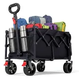 HAUSPROFI Bollerwagen Faltbar 80-100L 100KG Tragkraft, Faltbarer Bollerwagen Geländetauglich mit Bremsen, All-Terrain, Seitentasche und Getränkehalter, für Outdoor, Camping, Garten und Einkaufen