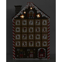 BRUBAKER Lebkuchenhaus Adventskalender Holz mit 4 LED Lichtern 26,2 x 45 x 5,5 cm - Braun/Rot/Beige