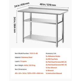 Vevor Gasto Arbeitstisch 1219x610x864 mm, Edelstahltisch mit 3 Ebenen & Aufkantung & Höhenverstellbaren Ablagen Belastbarkeit Top 245 kg & 2 Unterablagen je 204 kg Vorbereitungstisch für Restaurant