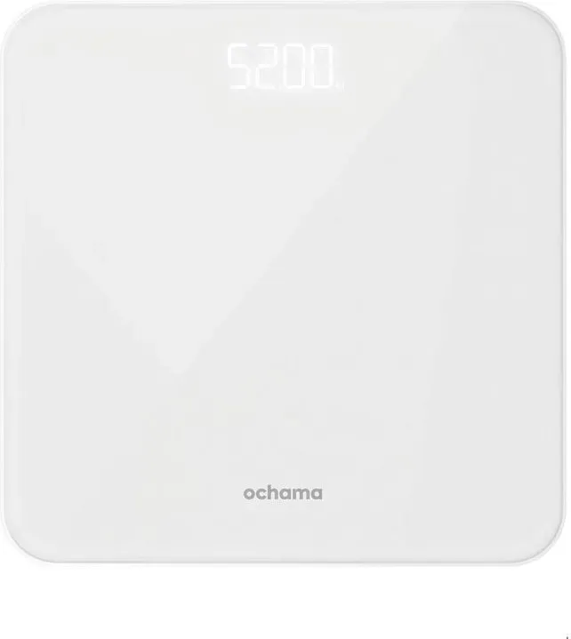 Ochama Digitale Personenwaage – Intelligente Körperwaage, hochpräzise, aus gehärtetem Glas, kontrastreiches LED-Display, inkl. 2 AAA-Batterien – für Haushalt & Badezimmer – 260x260x24 mm, Messbereich 5-180 kg