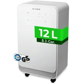 Klamer Luftentfeuchter elektrisch 12L, 100m3 Luftumwälzung pro Stunde, 280W starker Raumentfeuchter, Entfeuchter mit bis zu 2 Liter Fassungsvermögen