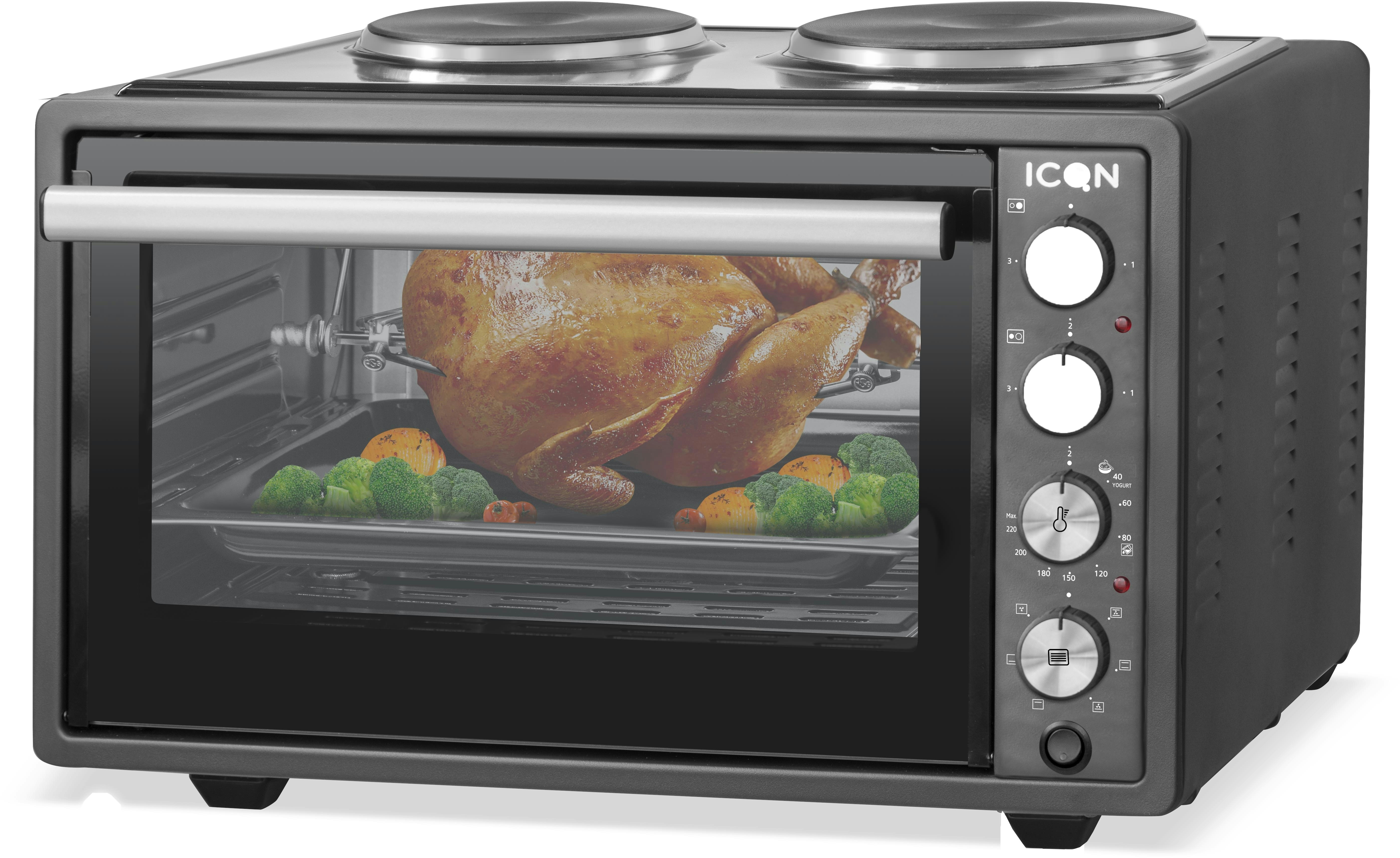 ICQN 42 Liter Minibackofen mit Kochplatten | 3800 W | Umluft | Pizza-Ofen | Doppelverglasung | Drehspieß | inkl. Backblech Set | Elektrischer Mini