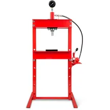 Eberth Hydraulikpresse 12T mit Manometer, 6-fach verstellbar, Arbeitshöhe 910 mm, Arbeitsbreite 513 mm, Gesamthöhe 1610 mm, 2 Auflagebacken, rot