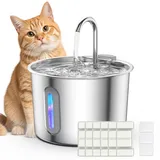 Katzenbrunnen Edelstahl, 3.2L Superleise Wasserbrunnen für Katzen, Katzen Springbrunnen mit Vierfaches Filtersystem, Katzen Trinkbrunnen mit Filters und USB Ladegerät (3.2L+ 6 Filters+ 3 Sponges)