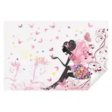 WallArena Fototapete Mädchen Fee Kinderzimmer Rosa Blumen Schmetterlinge Wandtapete Vlies Tapete Latexdruck UV-Beständig Montagefertig (152x104 cm)