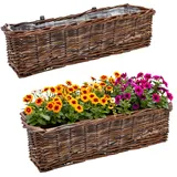 Spetebo Rattan Balkonkasten 2er Set eckig mit Folie Natur dunkel - 60 x 19 cm - Rattan Blumenkasten mit Aufhängung für Geländer bis 3,5 cm - Pflanzkasten Blumenkorb Blumentopf Weidekorb geflochten