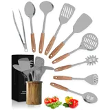 Küchenutensilien Set Küchenhelfer Set Silikon Kochset - 8-teiliges Akazienholz Silikon Küchenhelfer Set Holz - Küchen Utensil Küchenhelfer Holz Küchenhelfer Silikon Spatel Kochlöffel Silikon