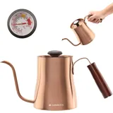 Navaris Wasserkocher Wasserkessel für Kaffee Zubereitung - 1l Schwanenhals Kessel inkl. Thermometer - mit langem Ausgießer und Holzgriff - Kupferdesign