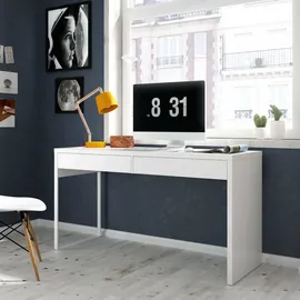 Dmora Schreibtisch Dfattor, Wendbarer Bürotisch, Pc-halter Studiertisch mit 2 Schubladen, 138x50h75 cm, Glänzend Weiß - Weiß